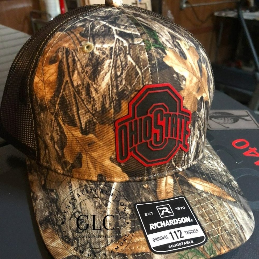 Ohio State Richardson CAMO 5 panel Trucker Hat w/ Red Leather Patch